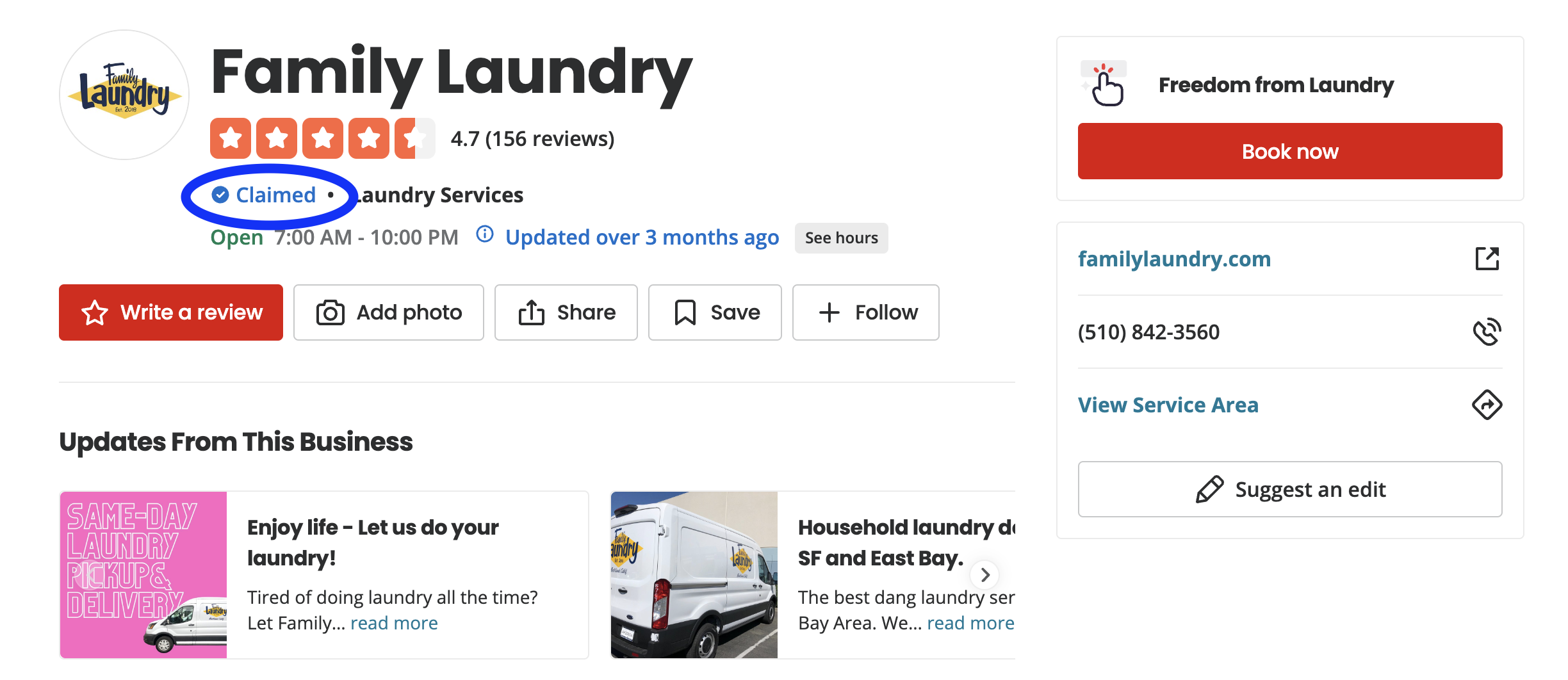 sample of claimed business listing on Yelp