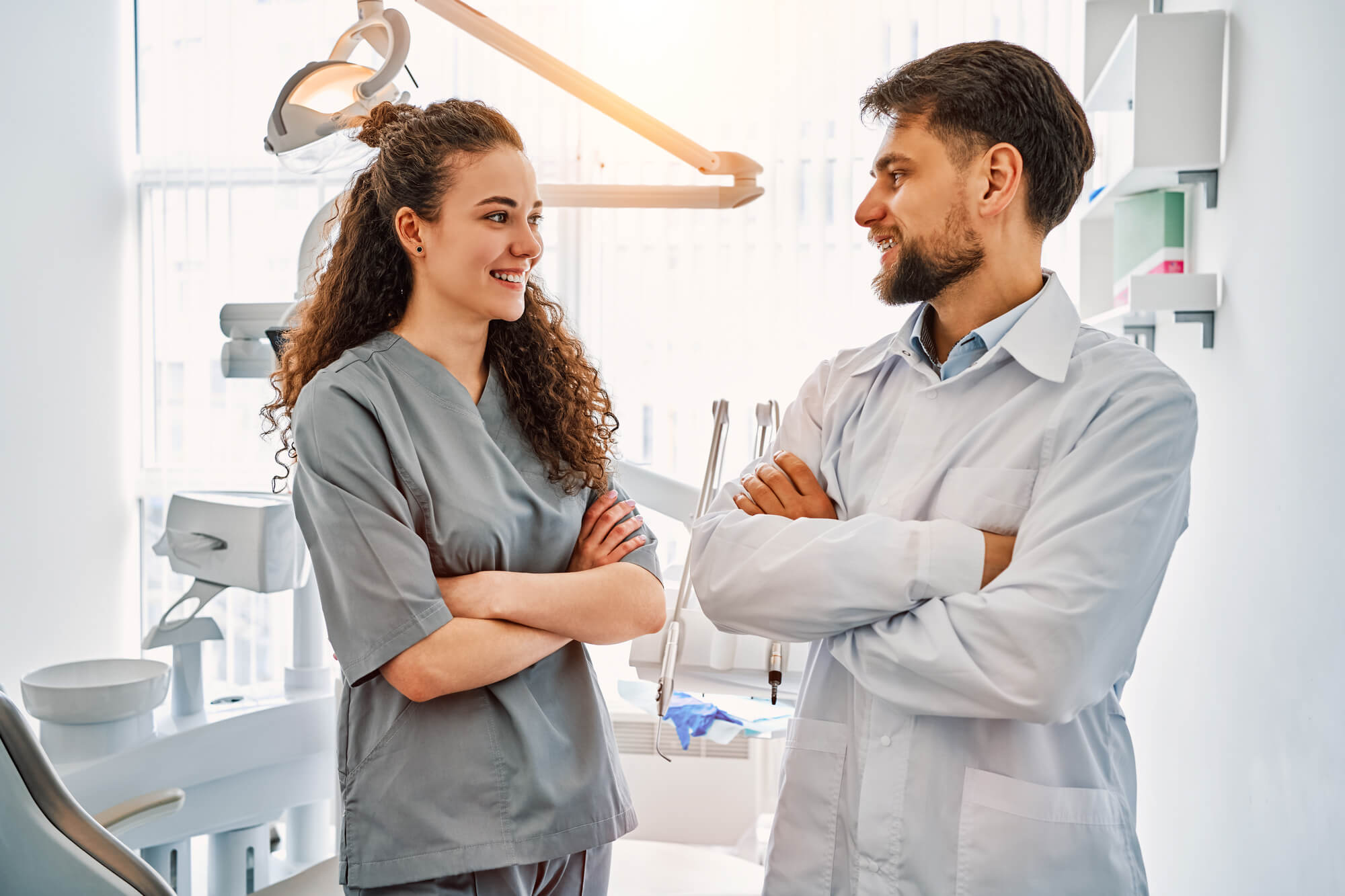two dentists talking to each other