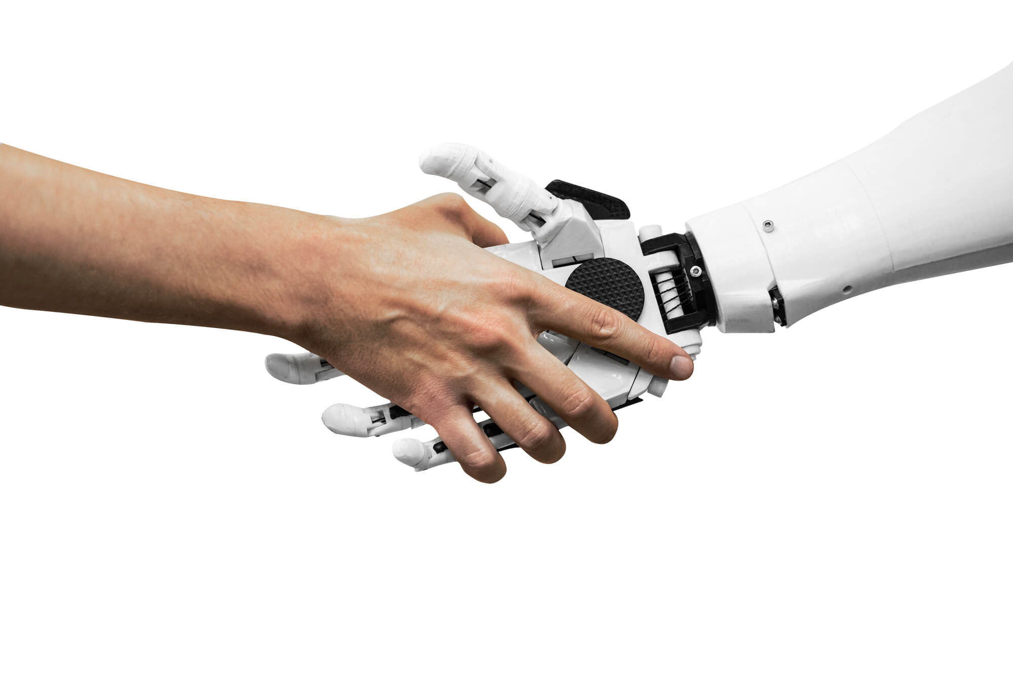man and robot shaking hands