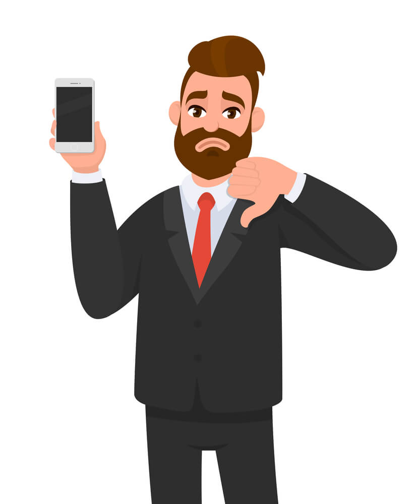 dissatisfied client holding phone and giving a thumbs down internet marketing