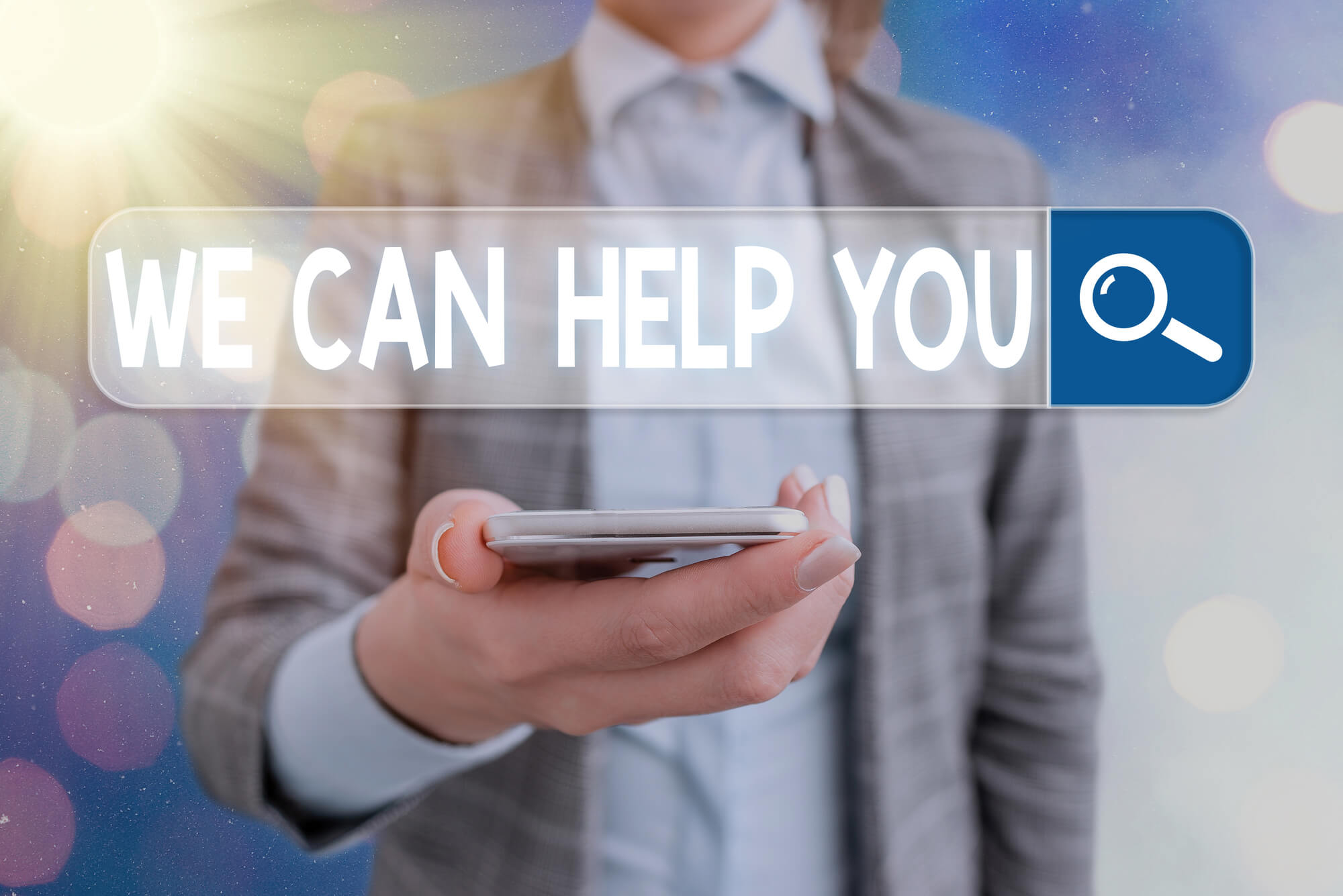 we can help you sentence on search engine bar with female professional on the bac ground