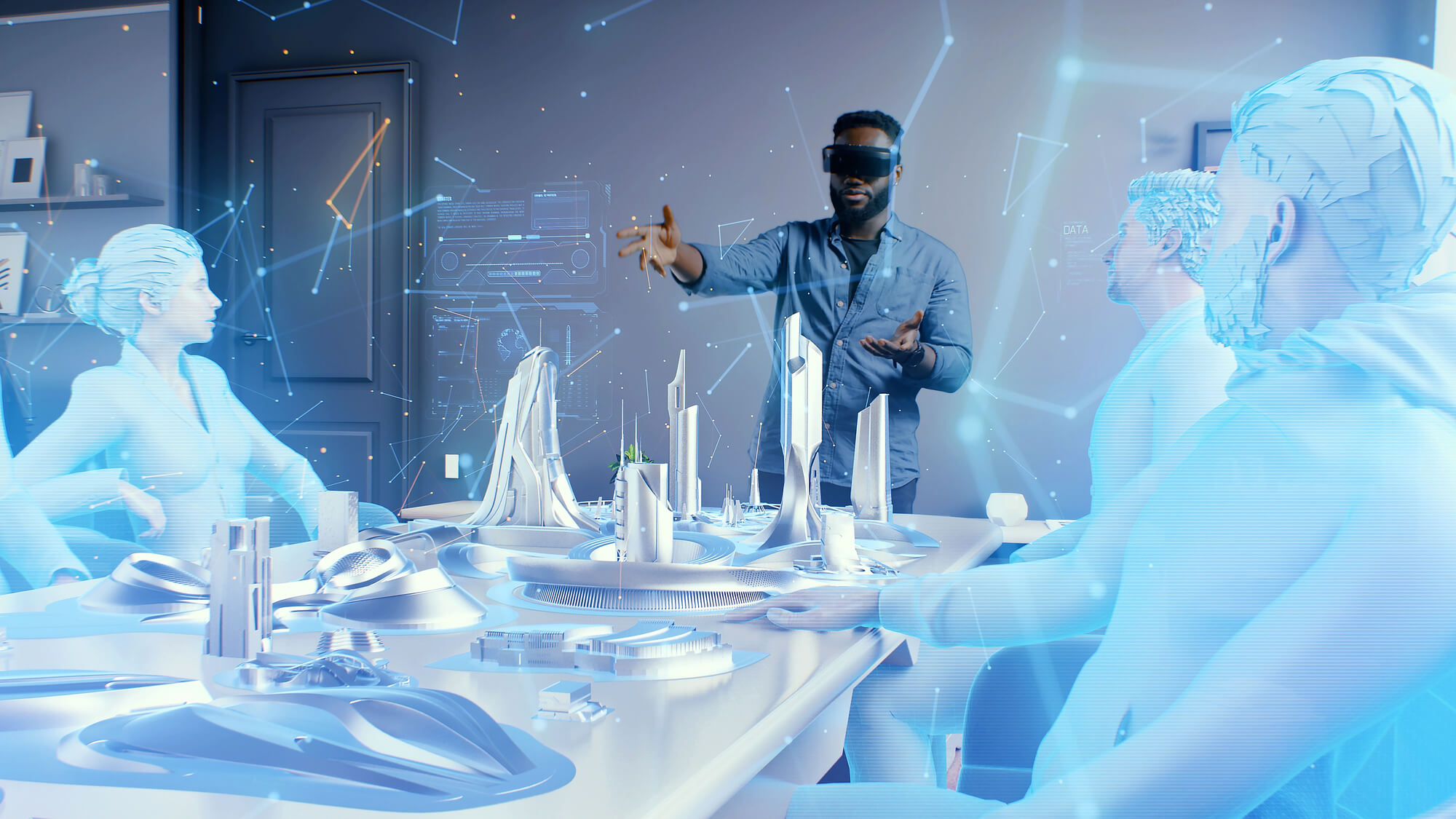man using AR glasses interacts with a 3D holographic display in a futuristic virtual meeting