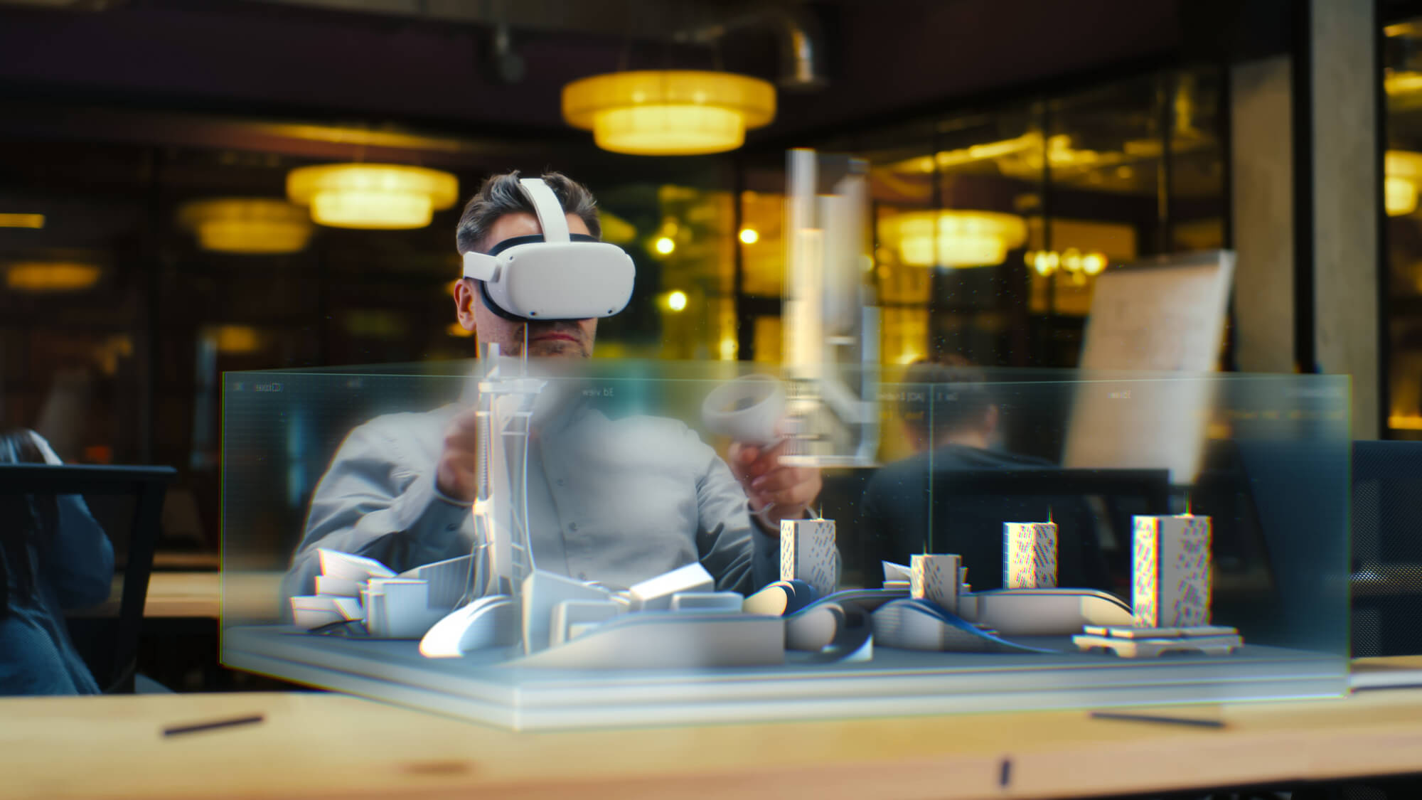 architect with a VR headset interacts with a holographic 3D model of a cityscape on a desk
