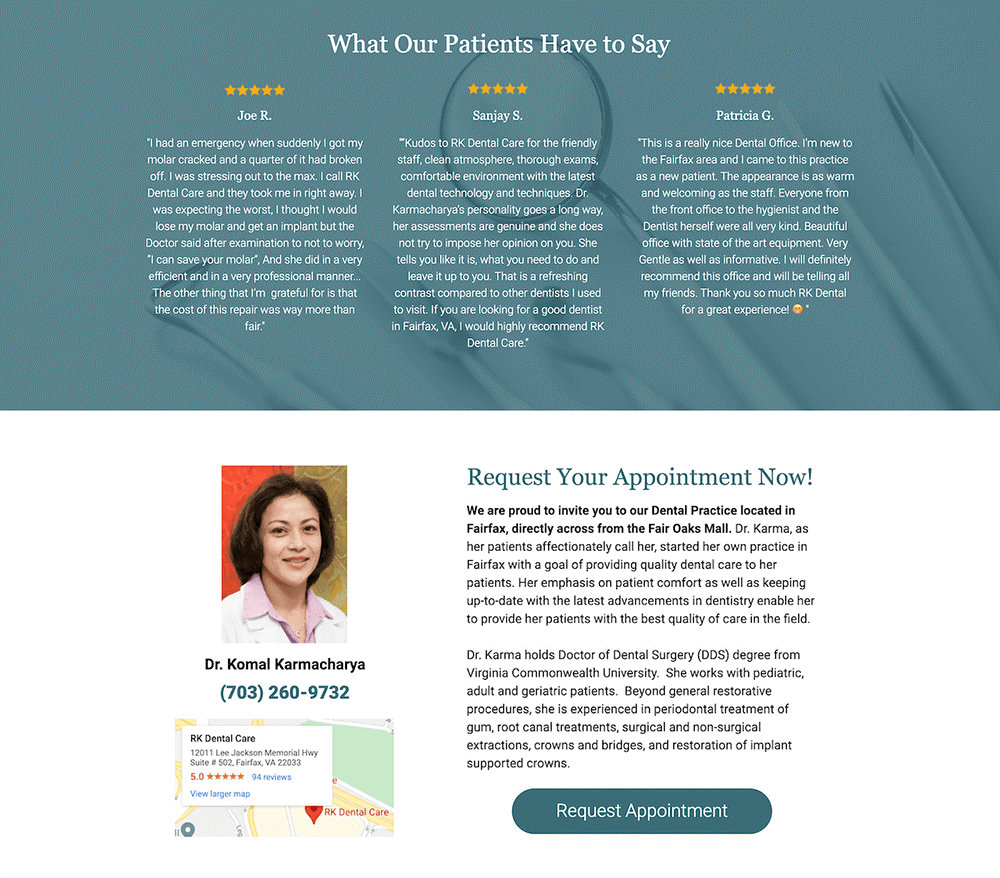 Patient reviews and rating on a dental landing page.