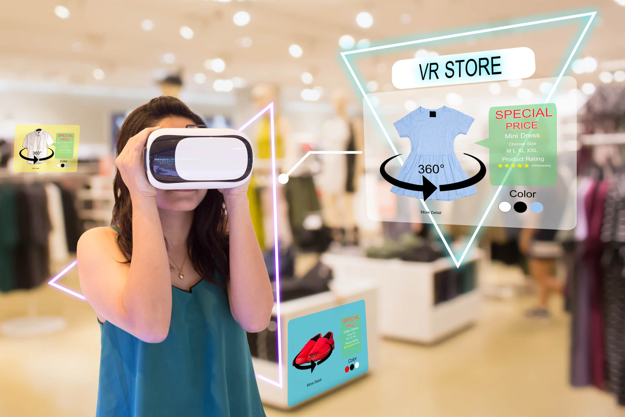 a woman using a VR headset views holographic product displays in a virtual store