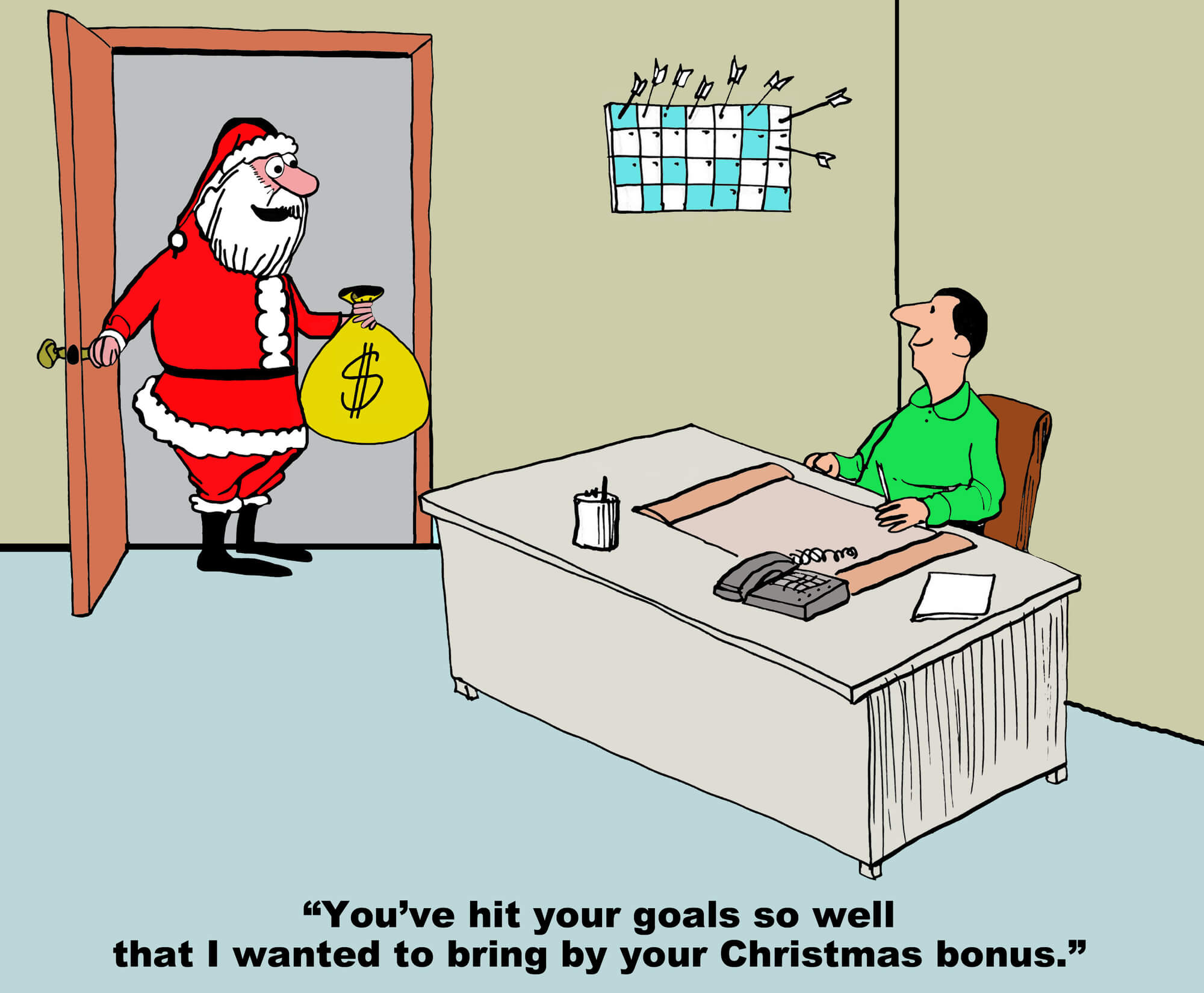 Santa Claus giving a bonus to an employee