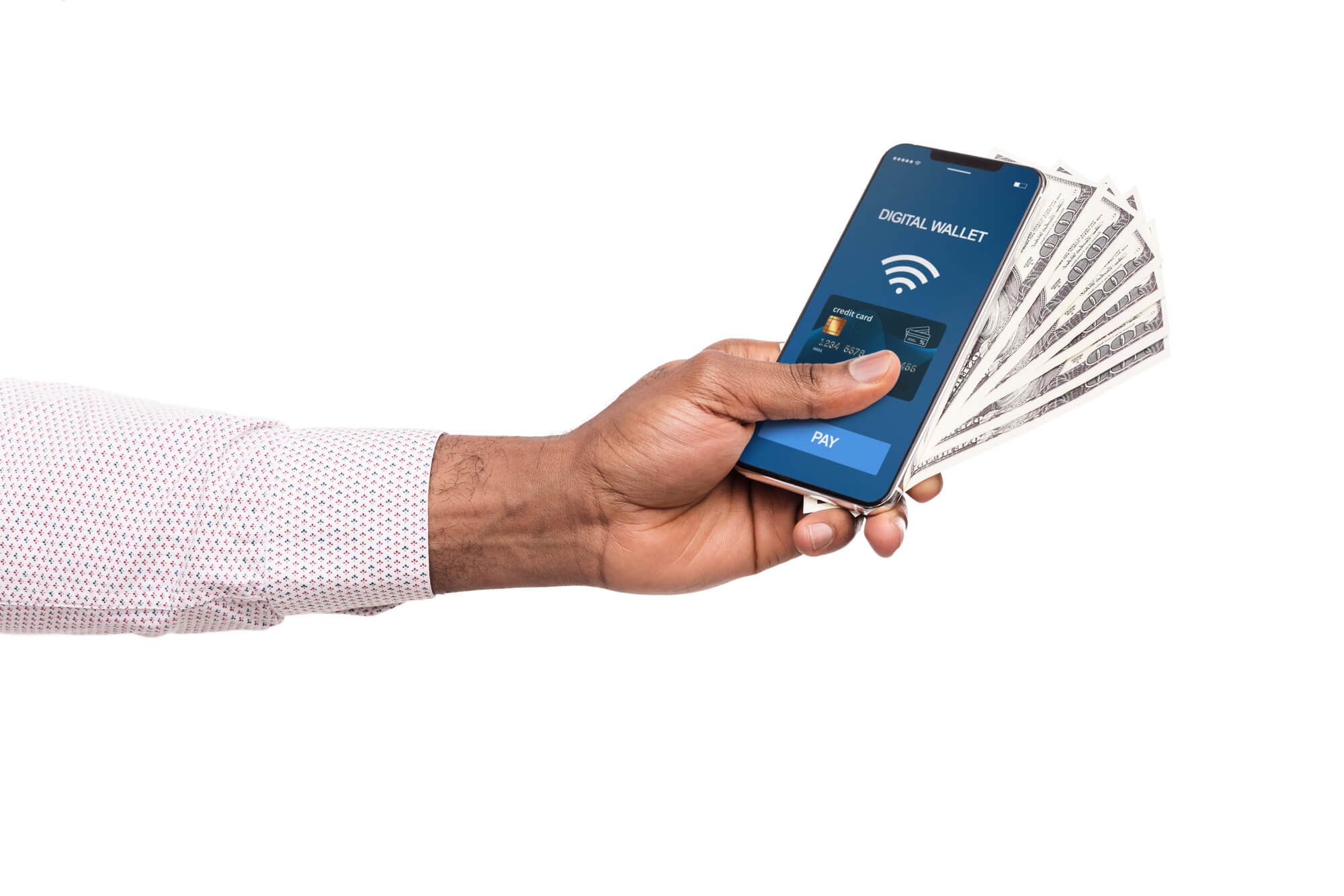 a hand holding a smartphone displaying a digital wallet payment app, with cash bills behind the phone, symbolizing the transition from cash to digital payments