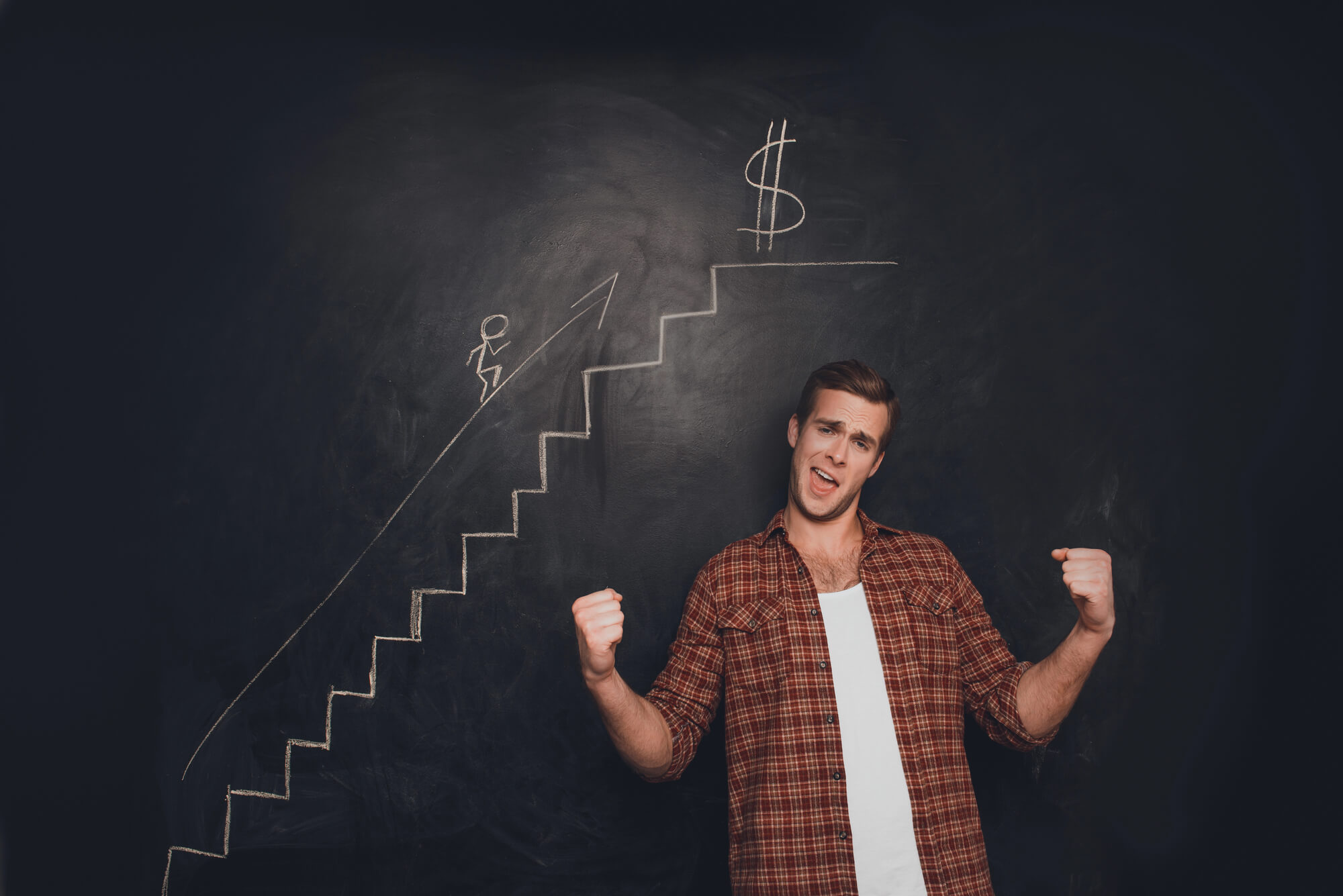a confident marketer in front of a blackboard with a drawing of a stick figure climbing stairs toward a dollar sign, symbolizing success