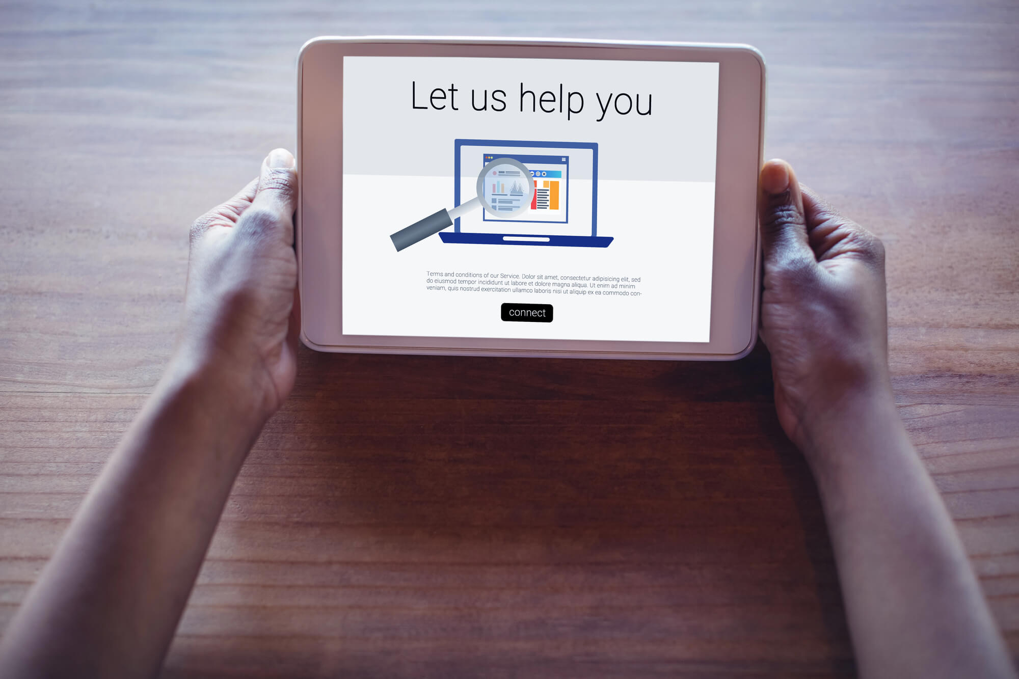 Person holding a tablet displaying a 'Let us help you' message with a 'Connect' button
