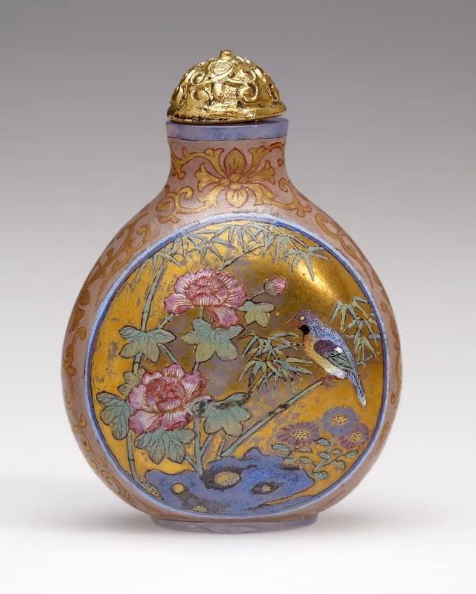 Enamel on glass with bird and peonies