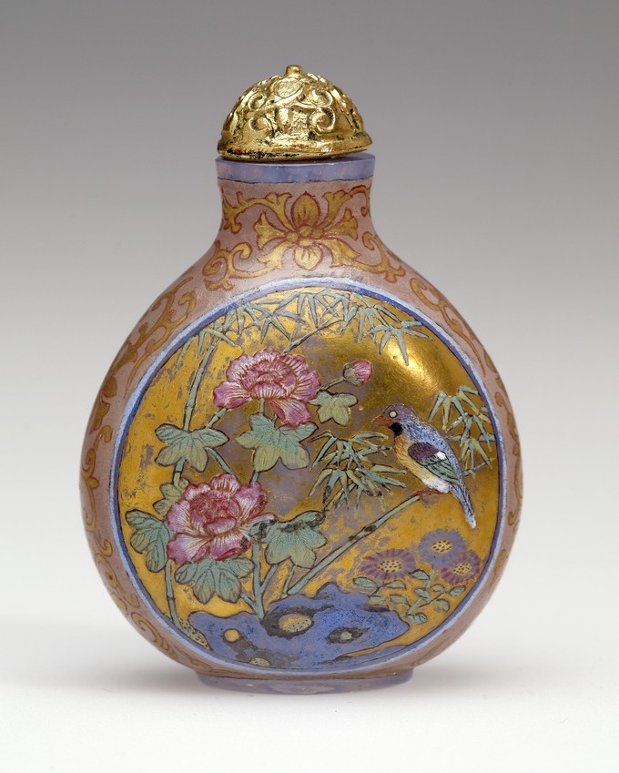 Enamel on glass with bird and peonies