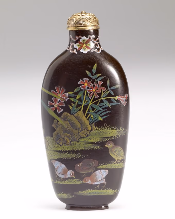 Enamel on glass with quail and flowers