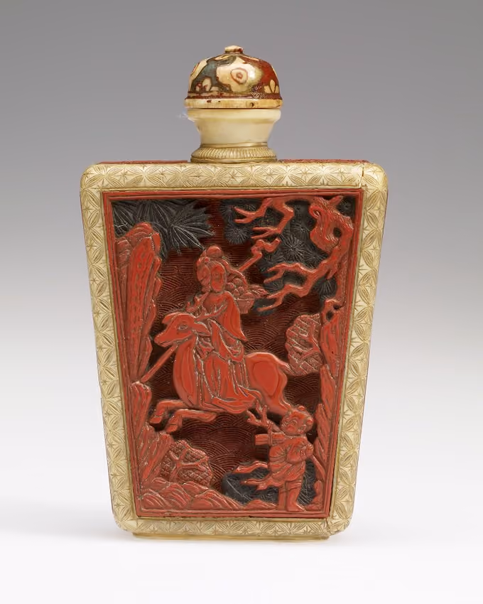 Ivory and lacquer with boating scene and Xi Wangmu