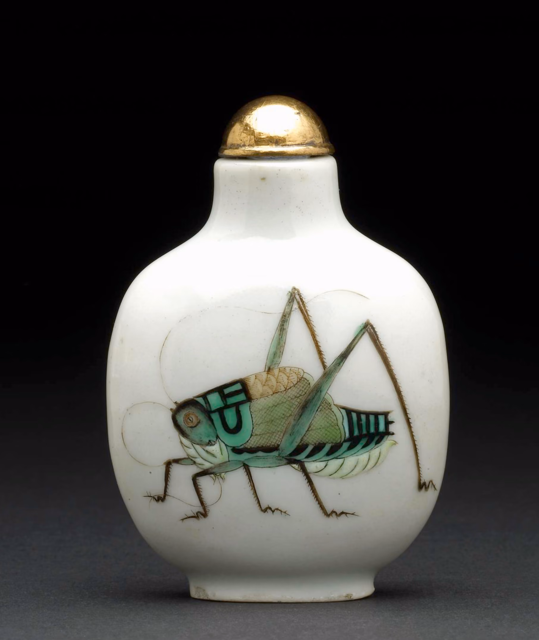 Porcelain painted snuff bottle with a Katydid, long-horned grasshopper in overglaze enamels.