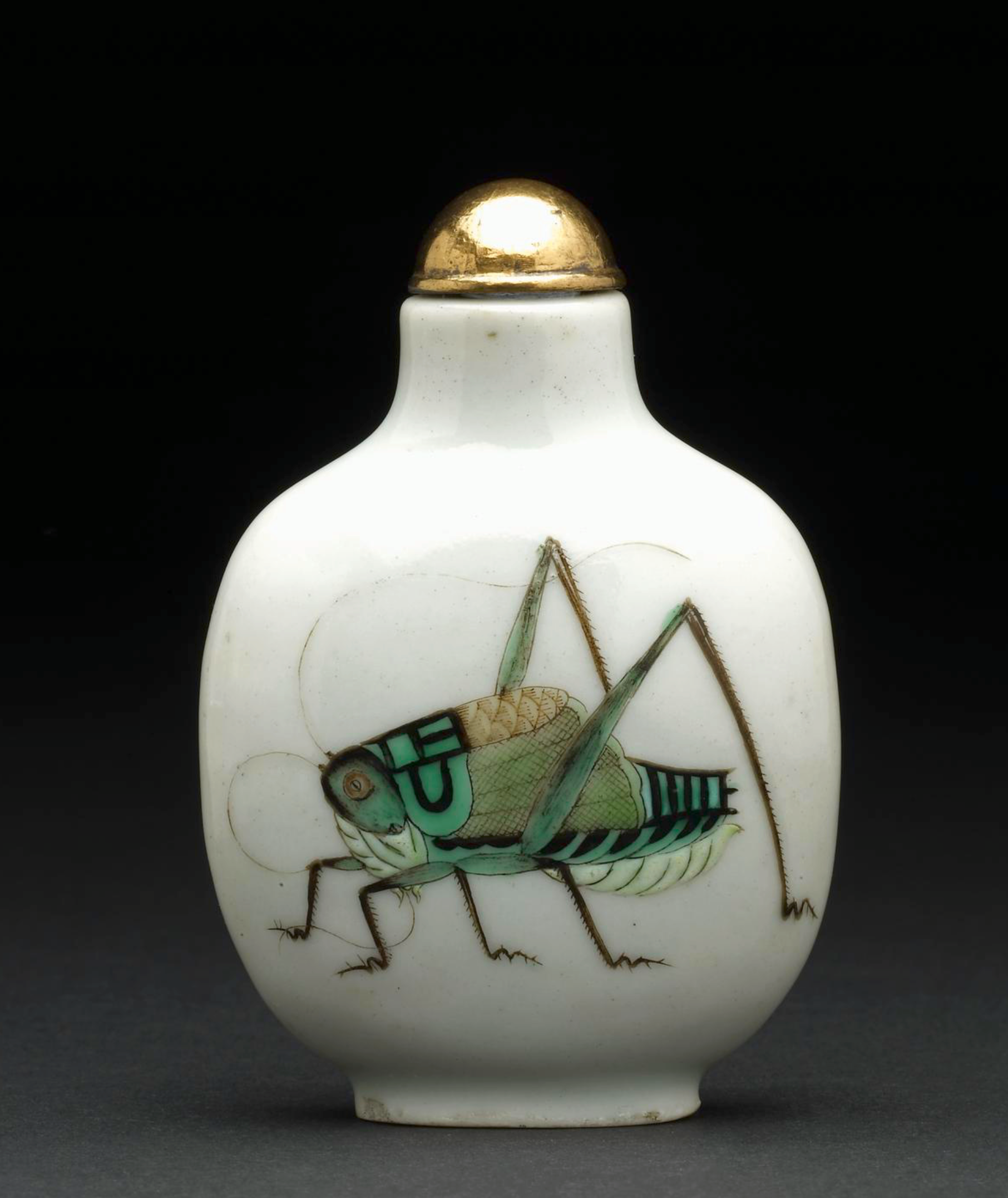Porcelain painted snuff bottle with a Katydid, long-horned grasshopper in overglaze enamels.