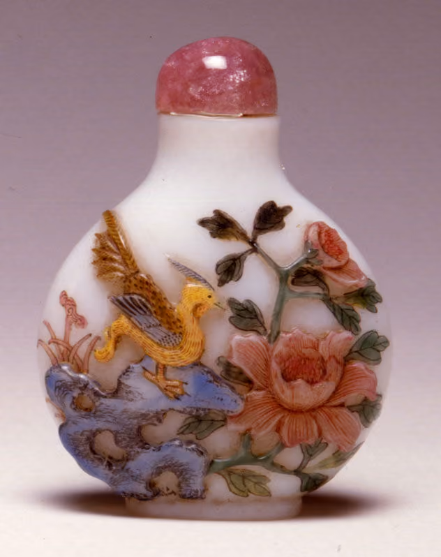 Rare enamel on carved glass with birds and flowers