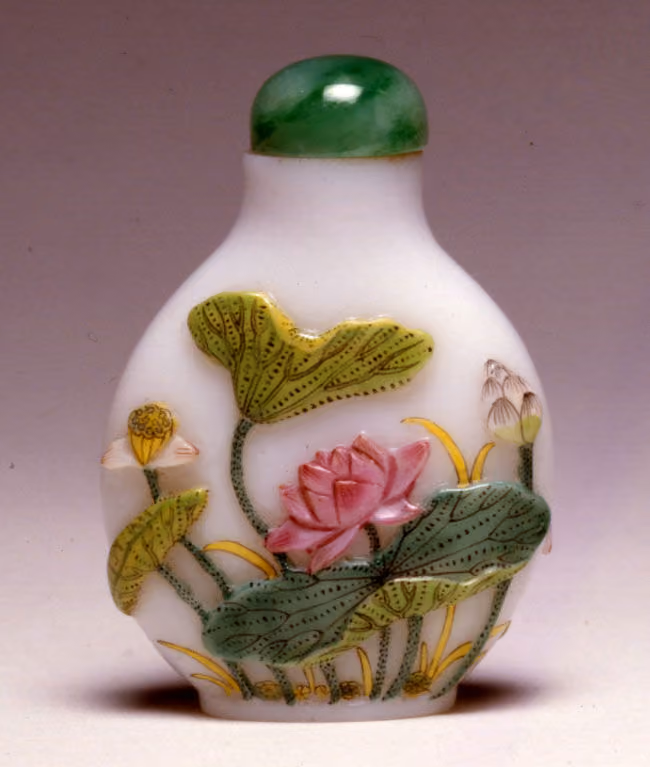 Rare enamel on carved glass with lotus leaves and flowers