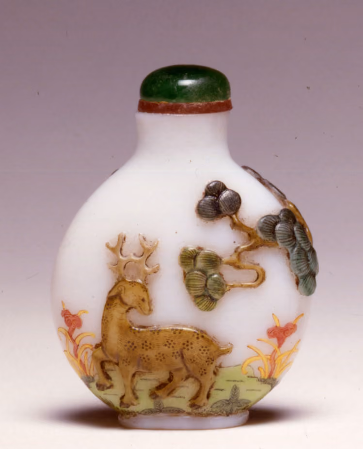 Rare enamel on carved glass with deer and fungus