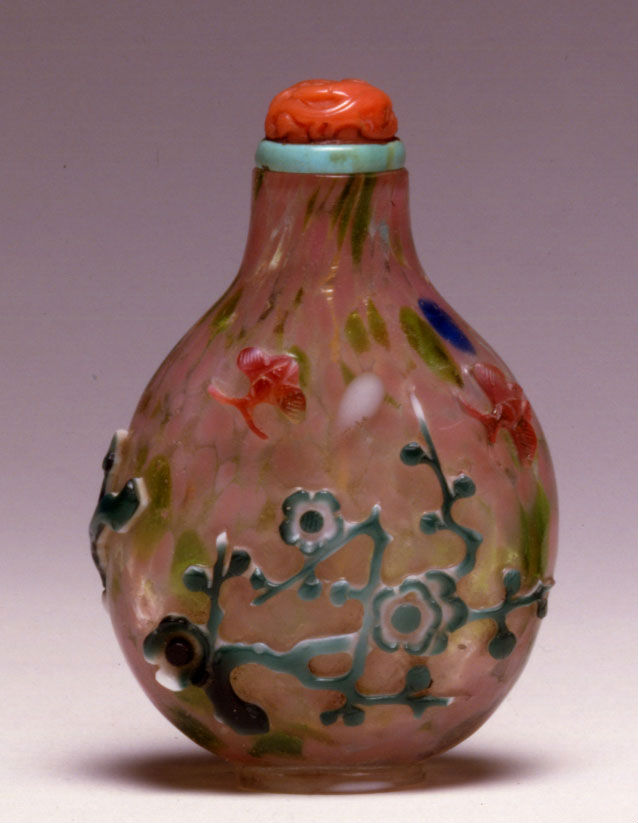Unusual multi-color glass overlay with flowering prunus and butterflies on mottled ground