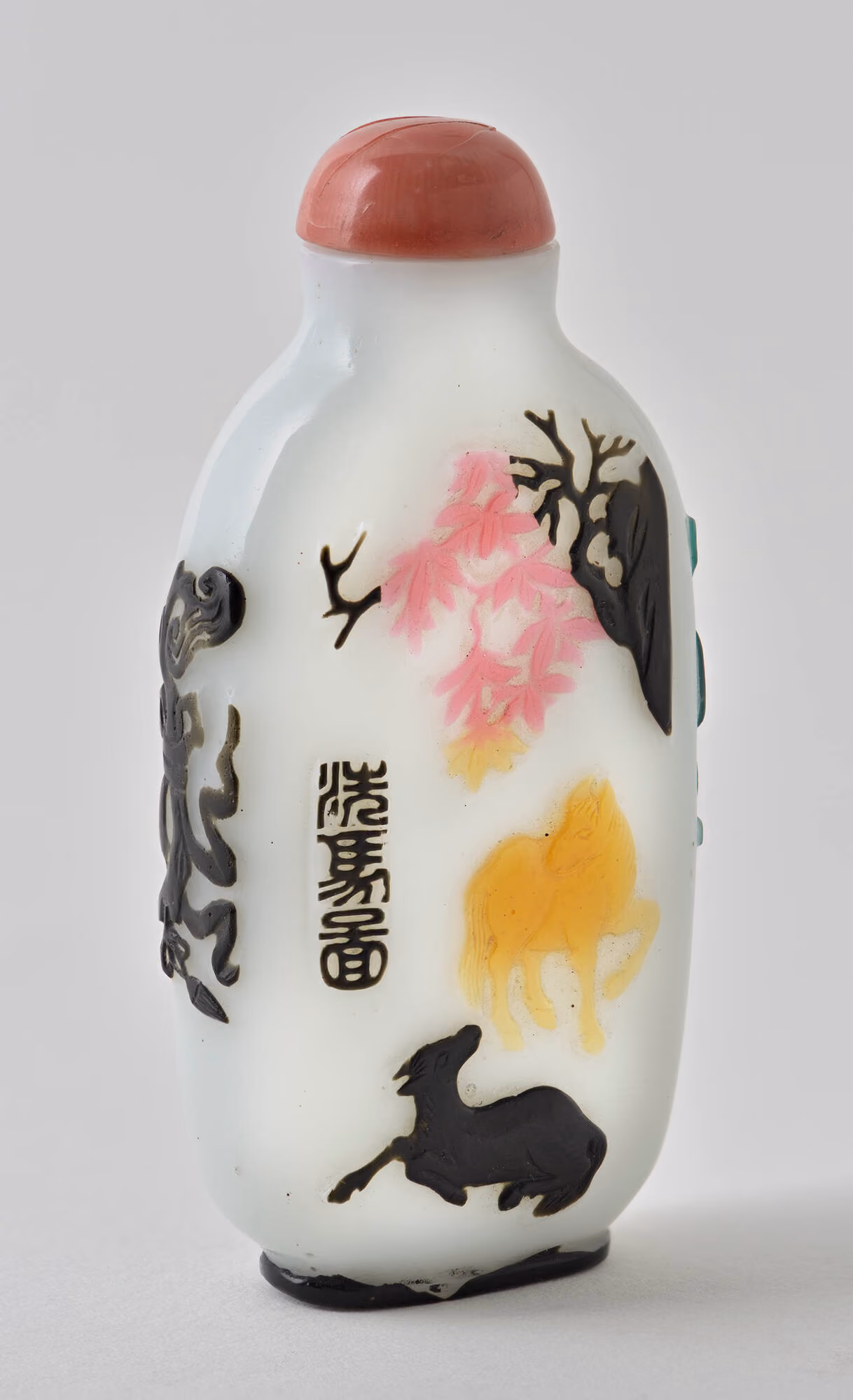Milk glass overlay with horses and genre scenes