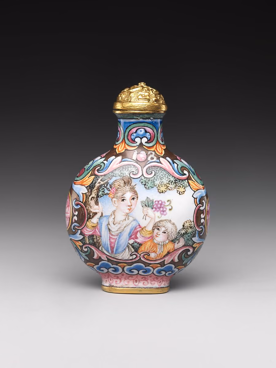 Painted enamel on copper with European woman and child