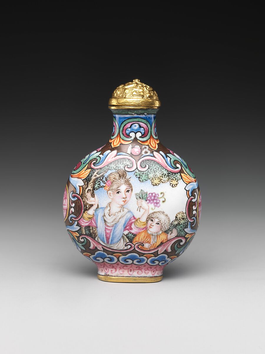 Painted enamel on copper with European woman and child