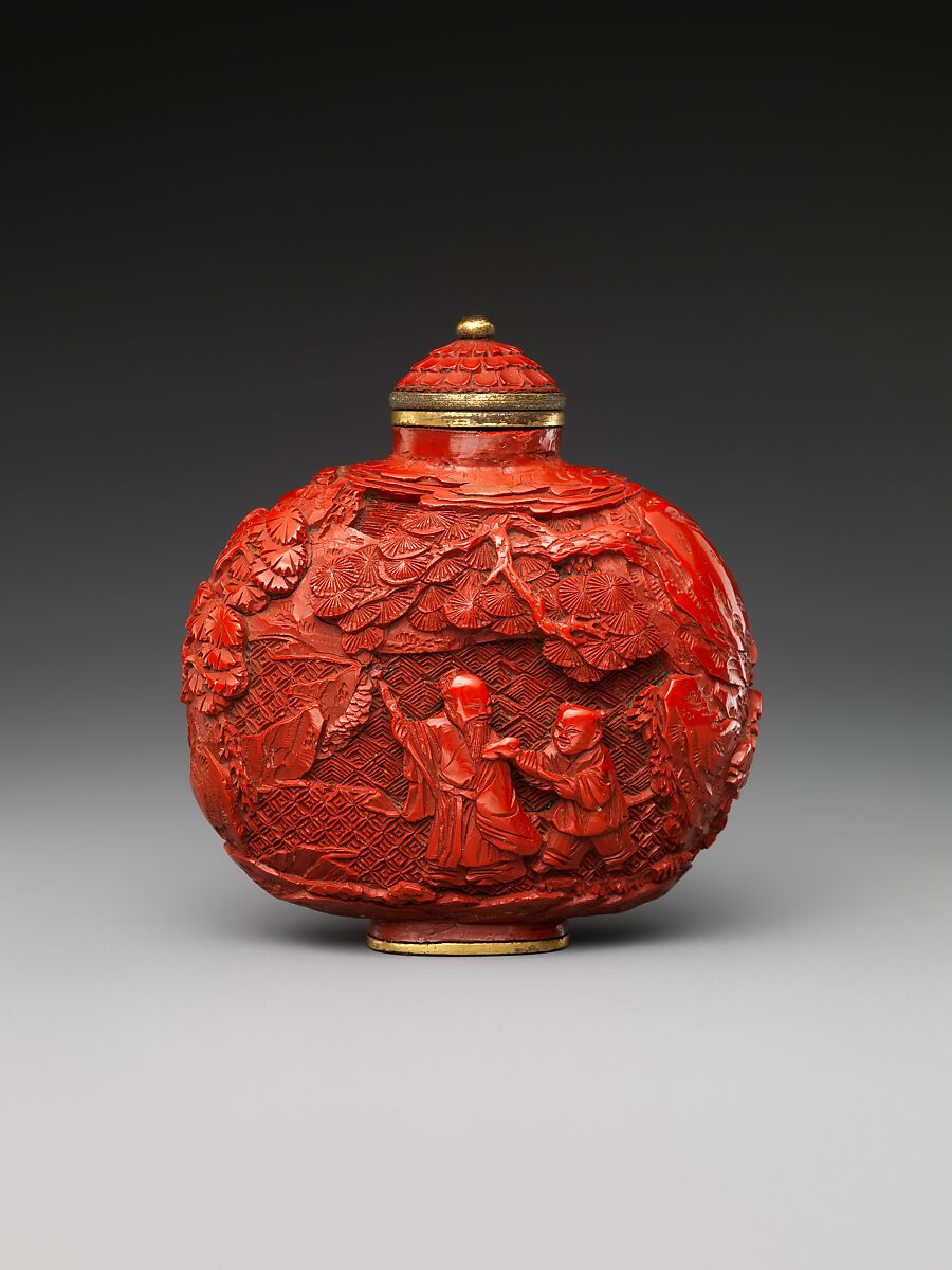 Carved red lacquer with figures in landscape