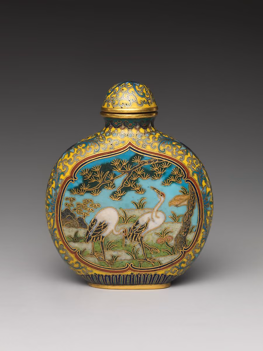 Cloisonné enamel with cranes under a pine tree