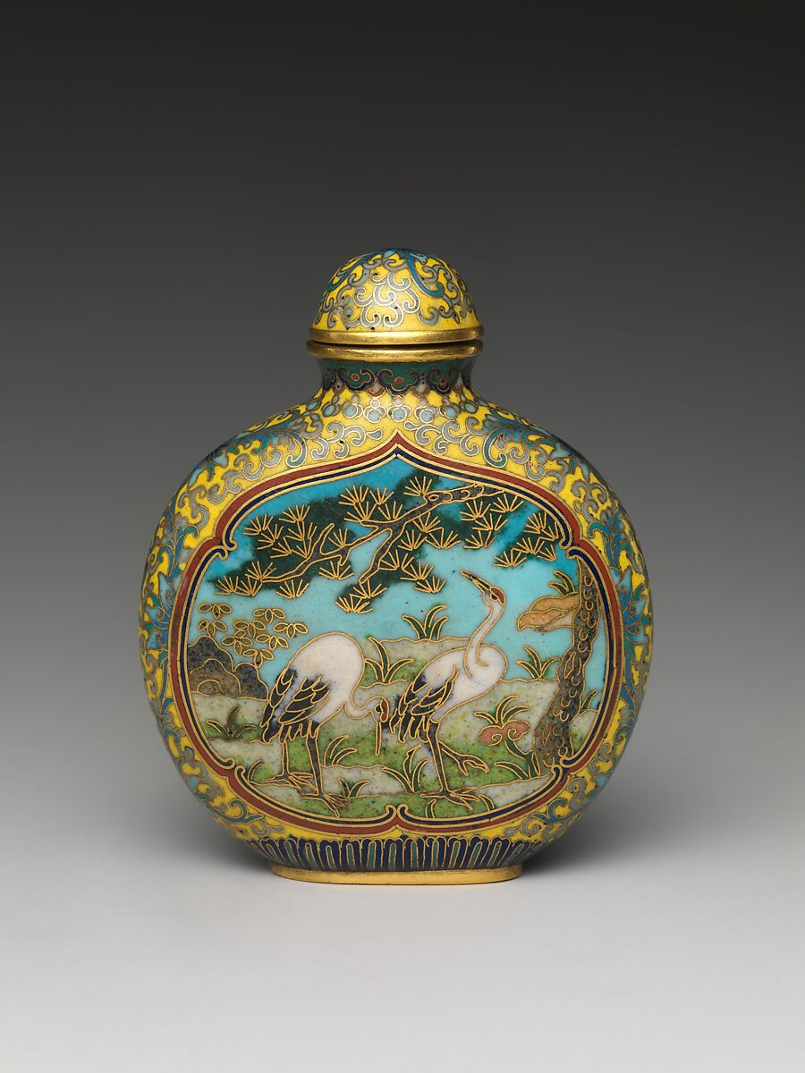 Cloisonné enamel with cranes under a pine tree