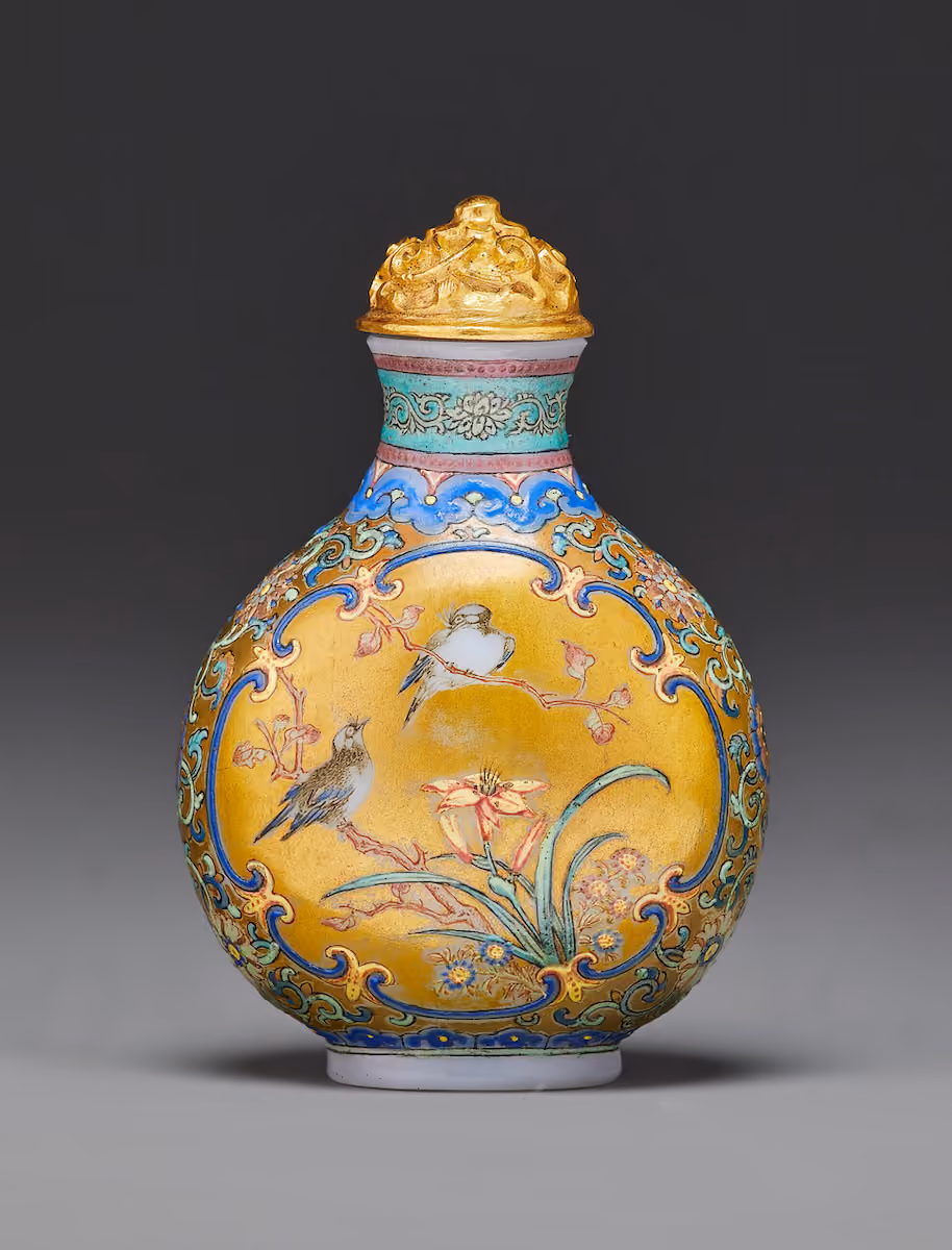 Imperial famille-rose enamelled glass with birds and butterflies