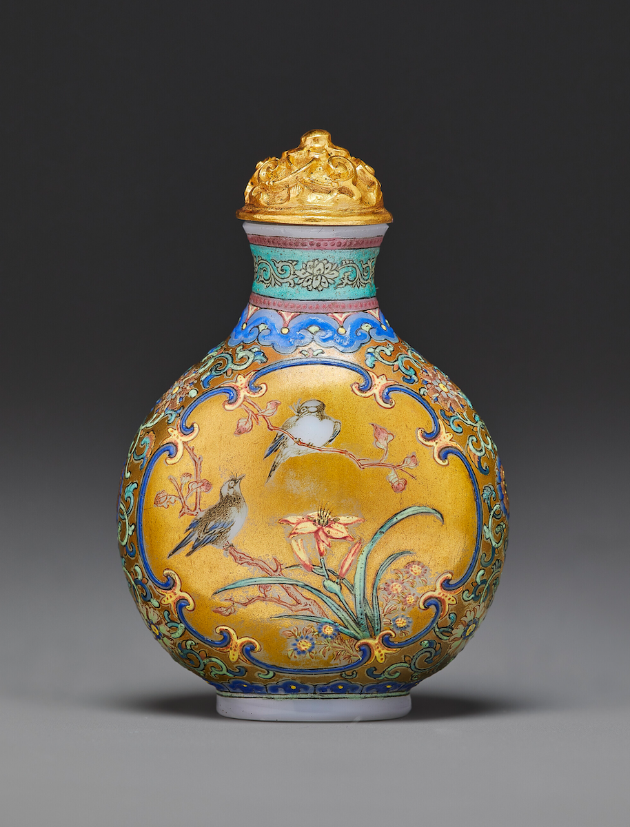 Imperial famille-rose enamelled glass with birds and butterflies