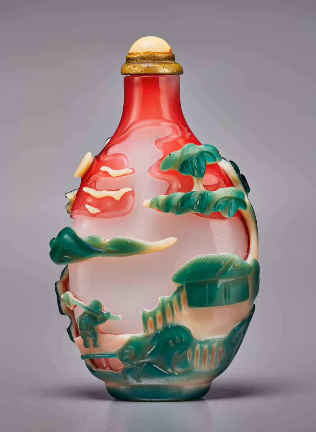 Tricolor overlay glass with continuous river scene