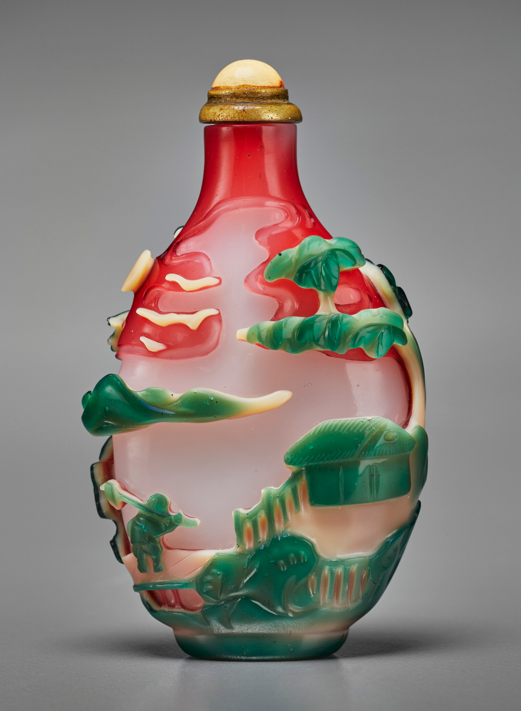 Tricolor overlay glass with continuous river scene