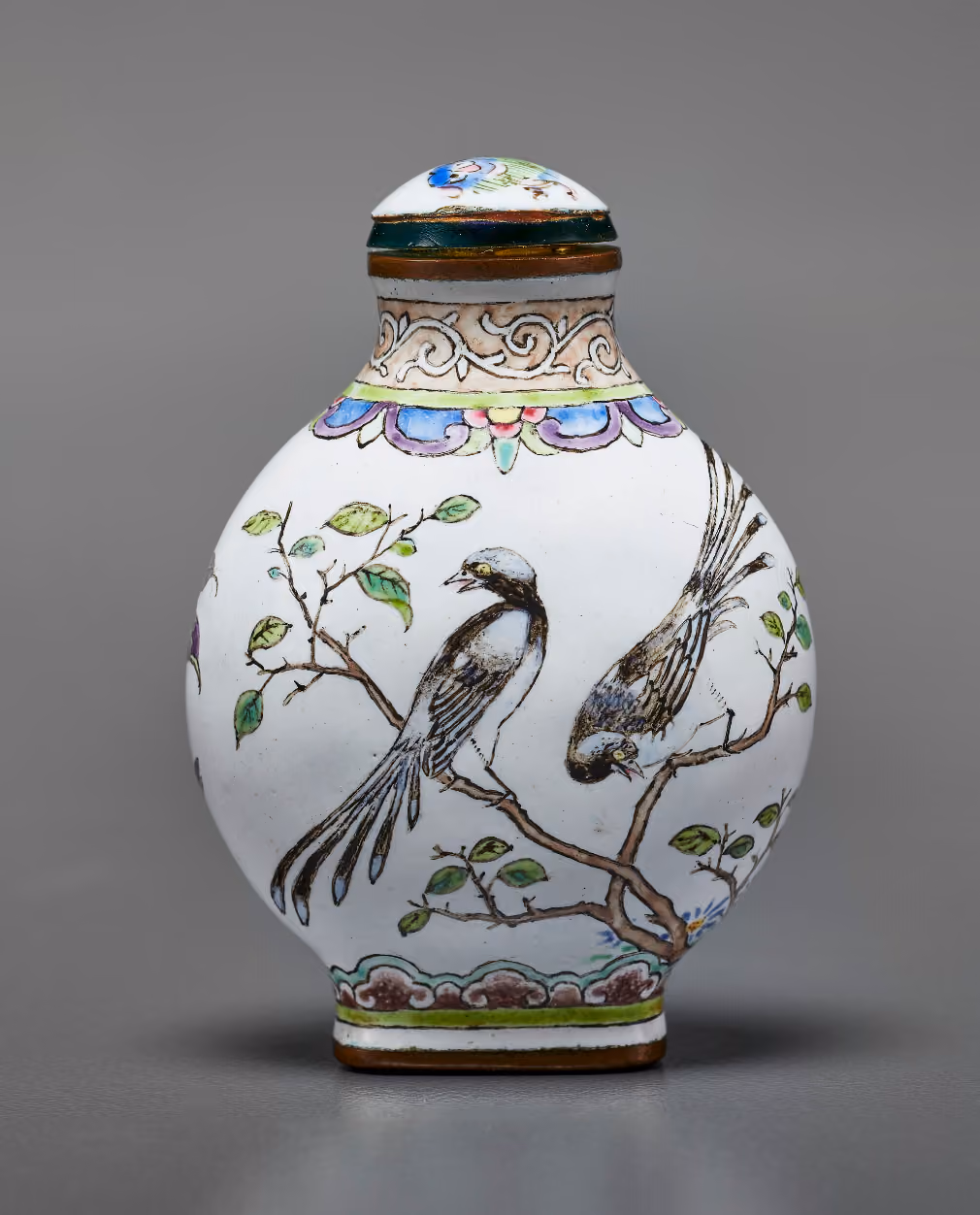 Imperial painted enamel with magpies and flowers