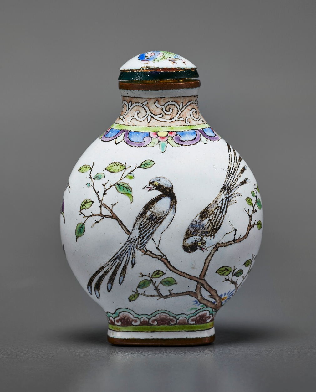Imperial painted enamel with magpies and flowers