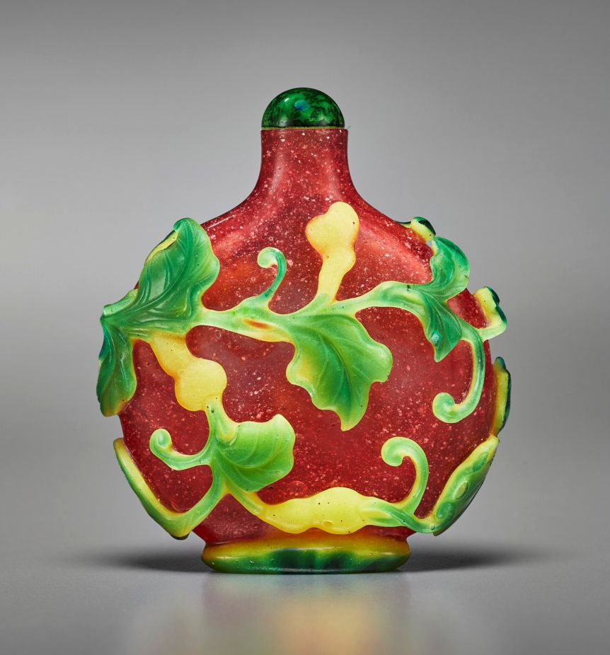 Overlay glass with gourds on mulberry-red ground