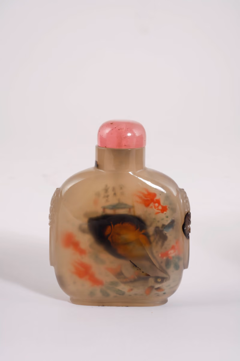 Inside-painted agate with goldfish and pavilion