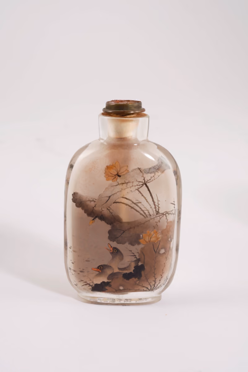Inside-painted glass with ducks and lotus