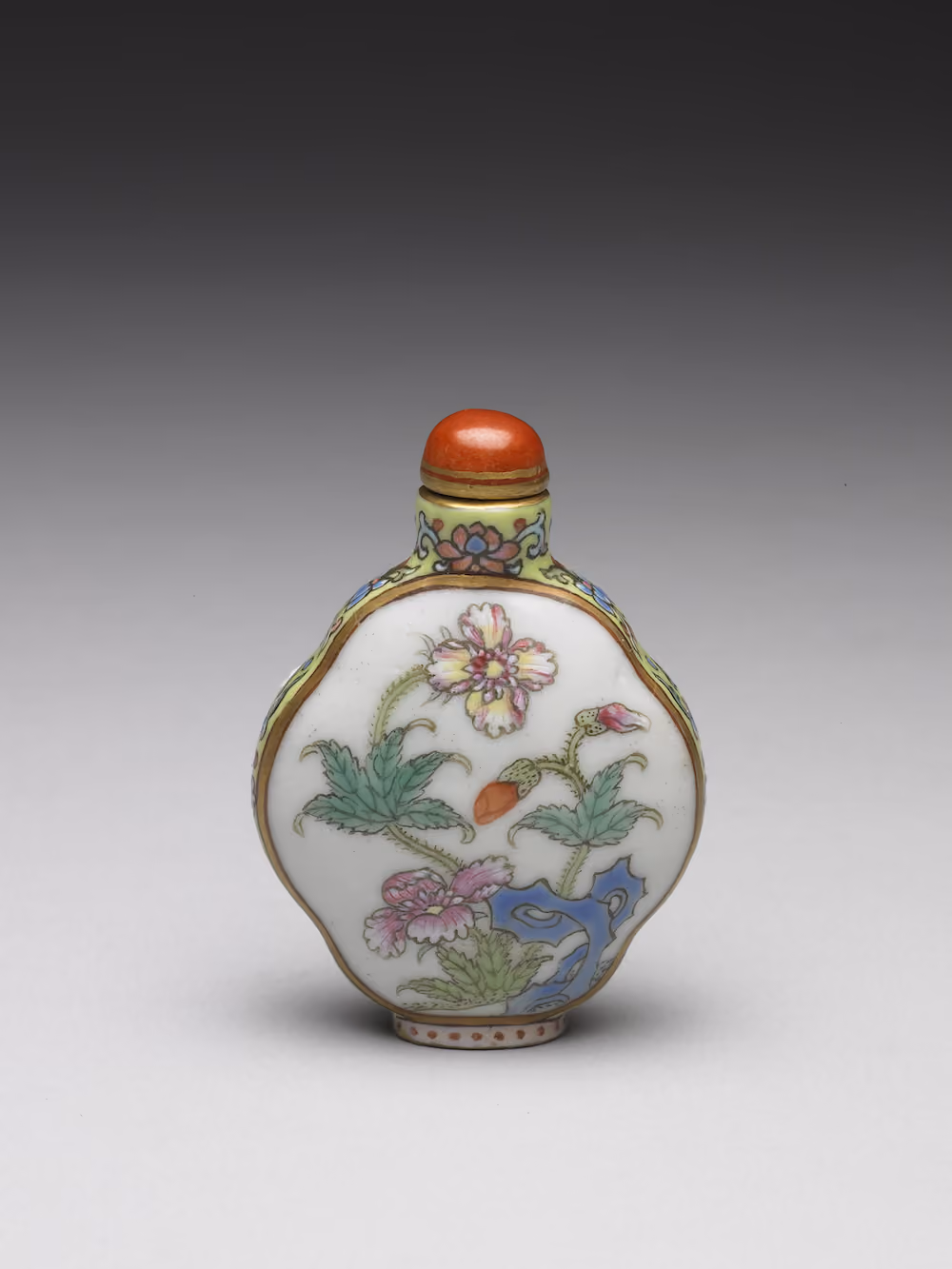 Famille-rose porcelain with flowers and garden rocks