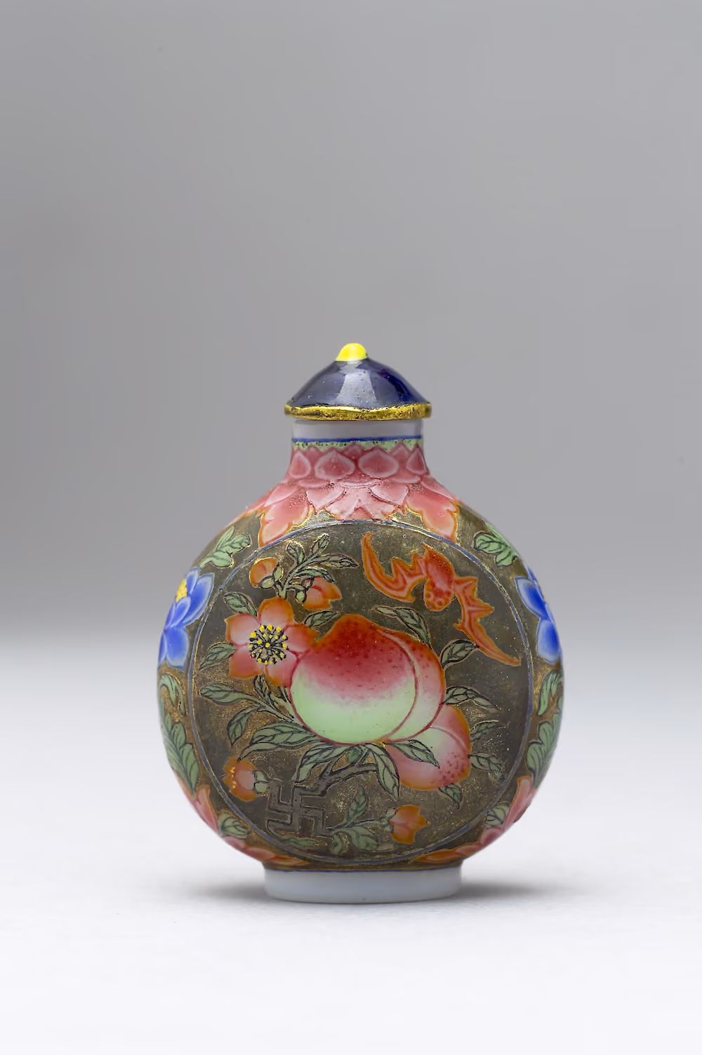 Painted enamel glass with symbols of prosperity and longevity