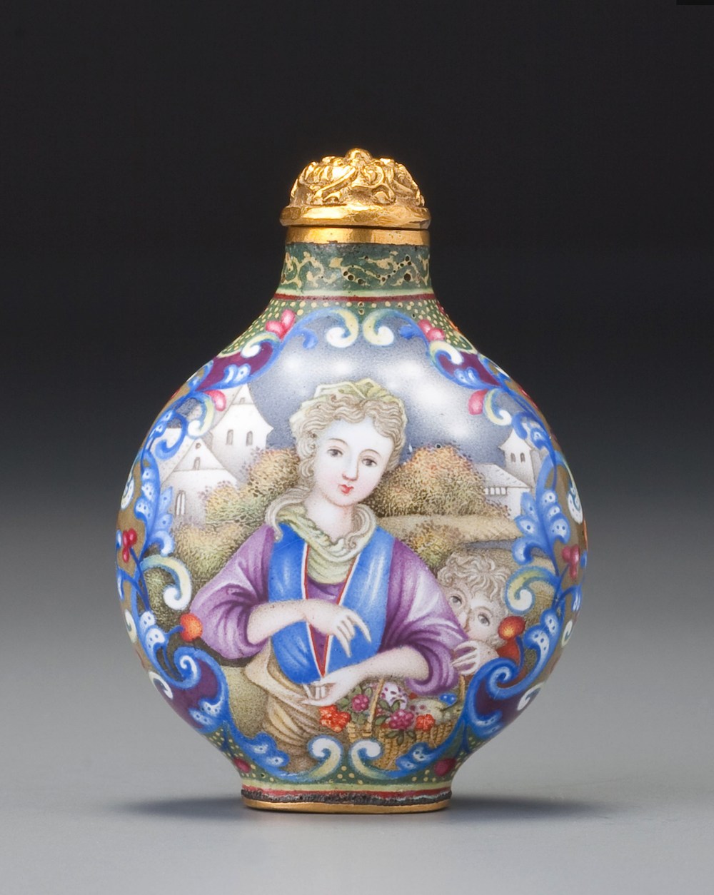 Enamel on copper with European mother and child