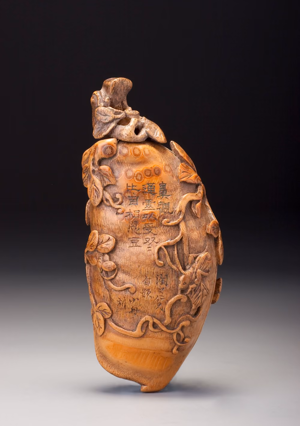 Bamboo double bottle in the form of pea pods with insects and inscription