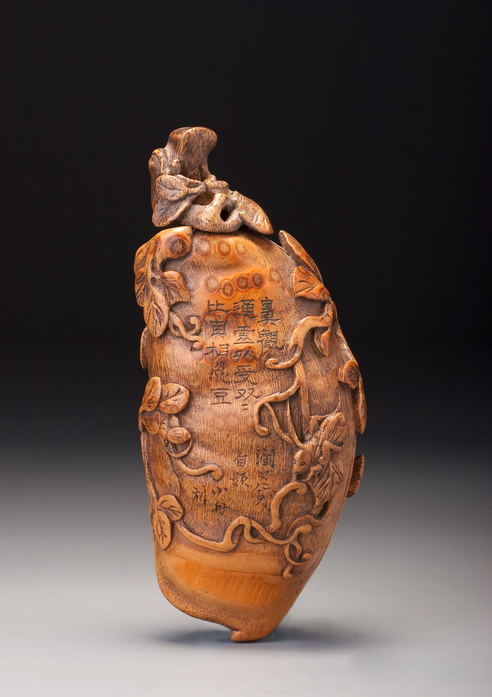 Bamboo double bottle in the form of pea pods with insects and inscription