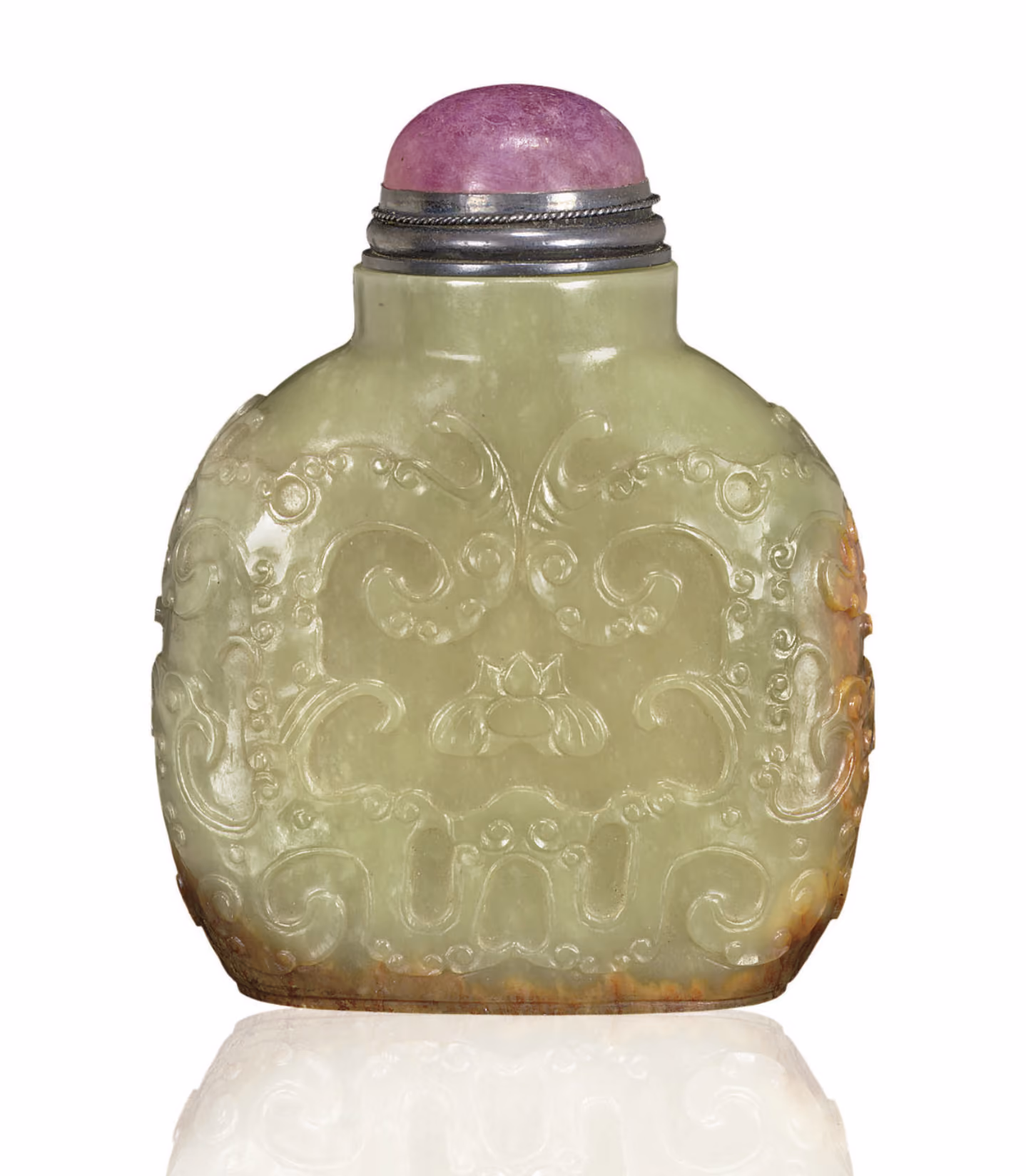 Imperial russet and yellowish-green jade with archaistic scrolls and double gourd