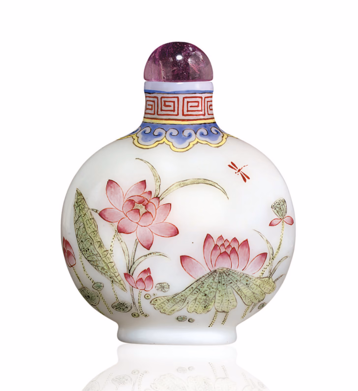 Enamelled glass with lotus and dragonfly, signed Wu Yuchuan