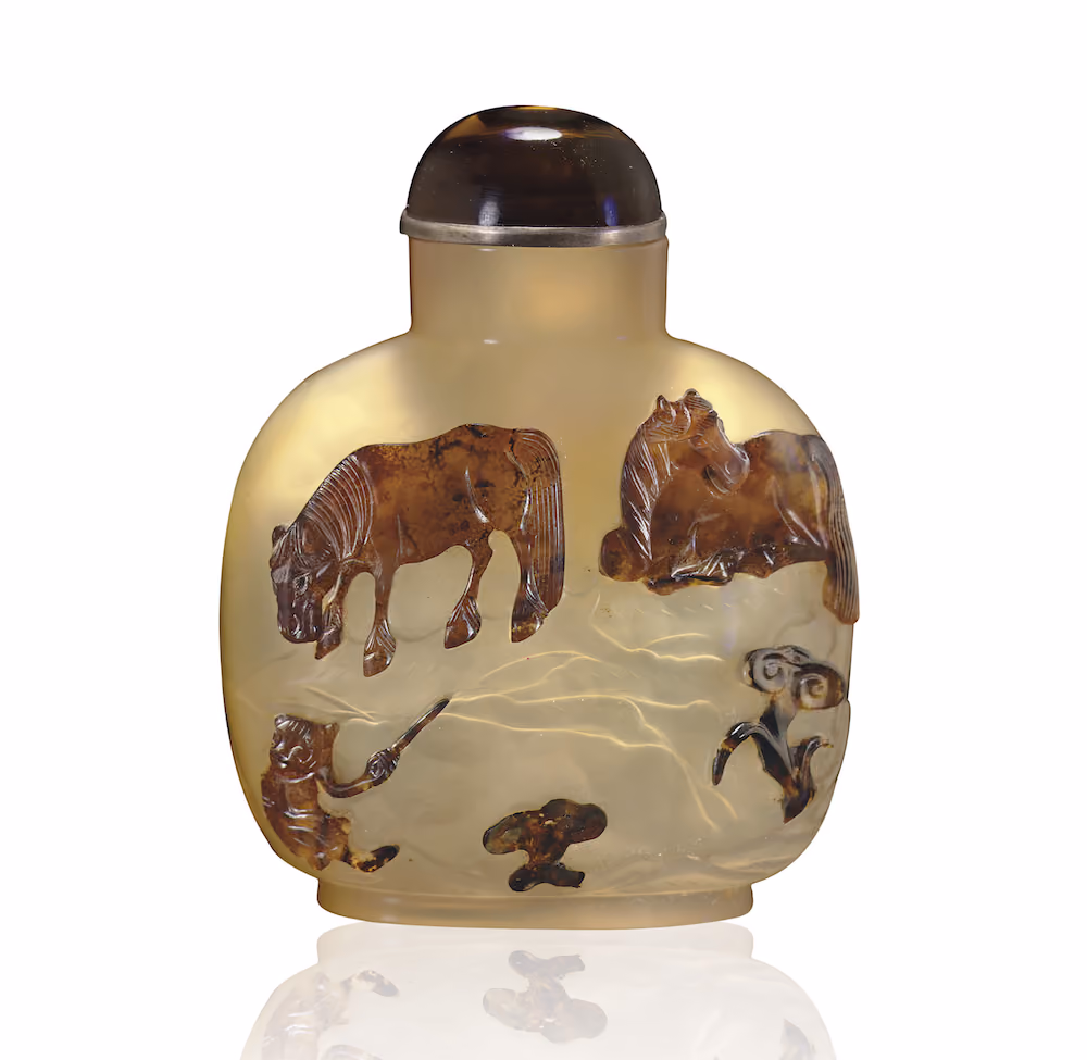 Honey agate with horses, monkey, and lingzhi
