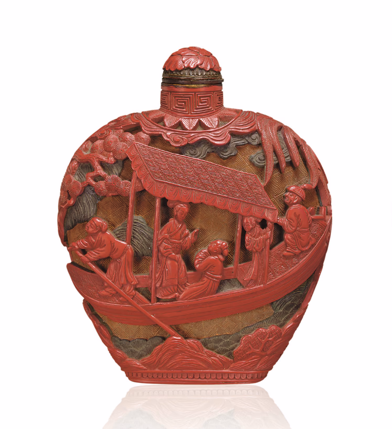 Cinnabar lacquer with scholar arriving by lake