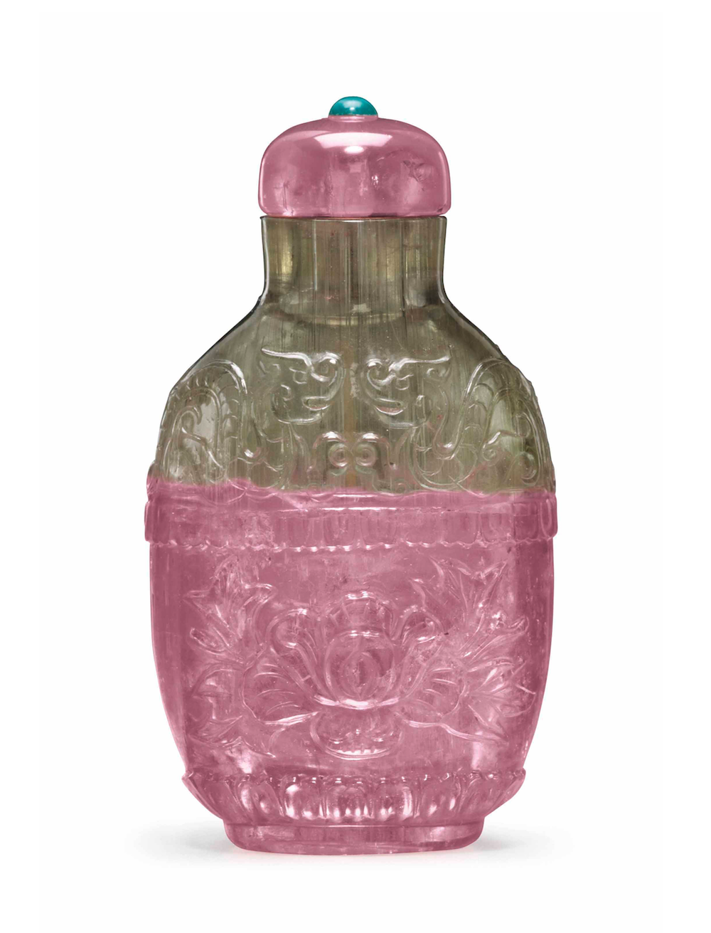 Tourmaline carved with peony, lotus, and chi dragons