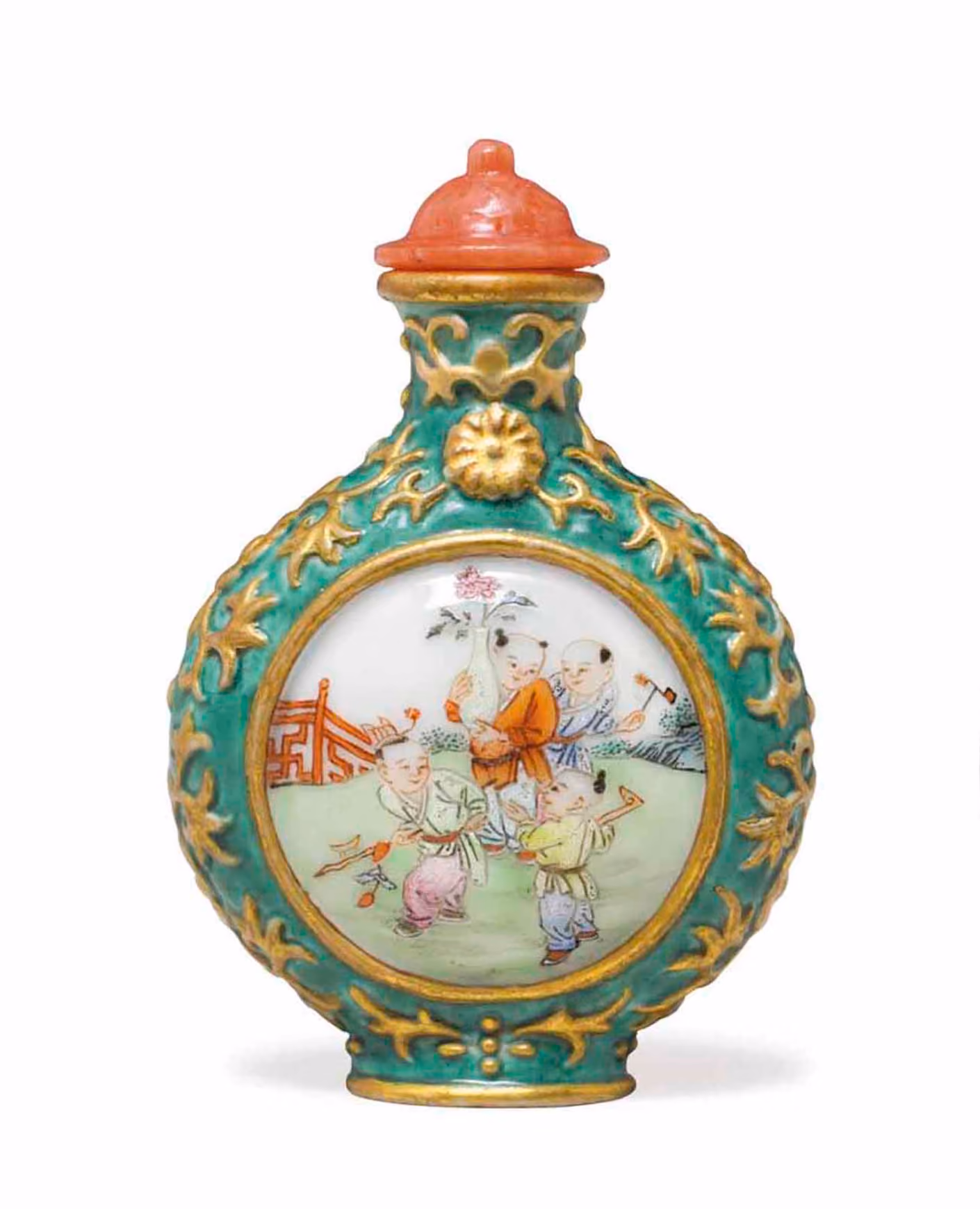 Famille-rose porcelain with boys in garden panels
