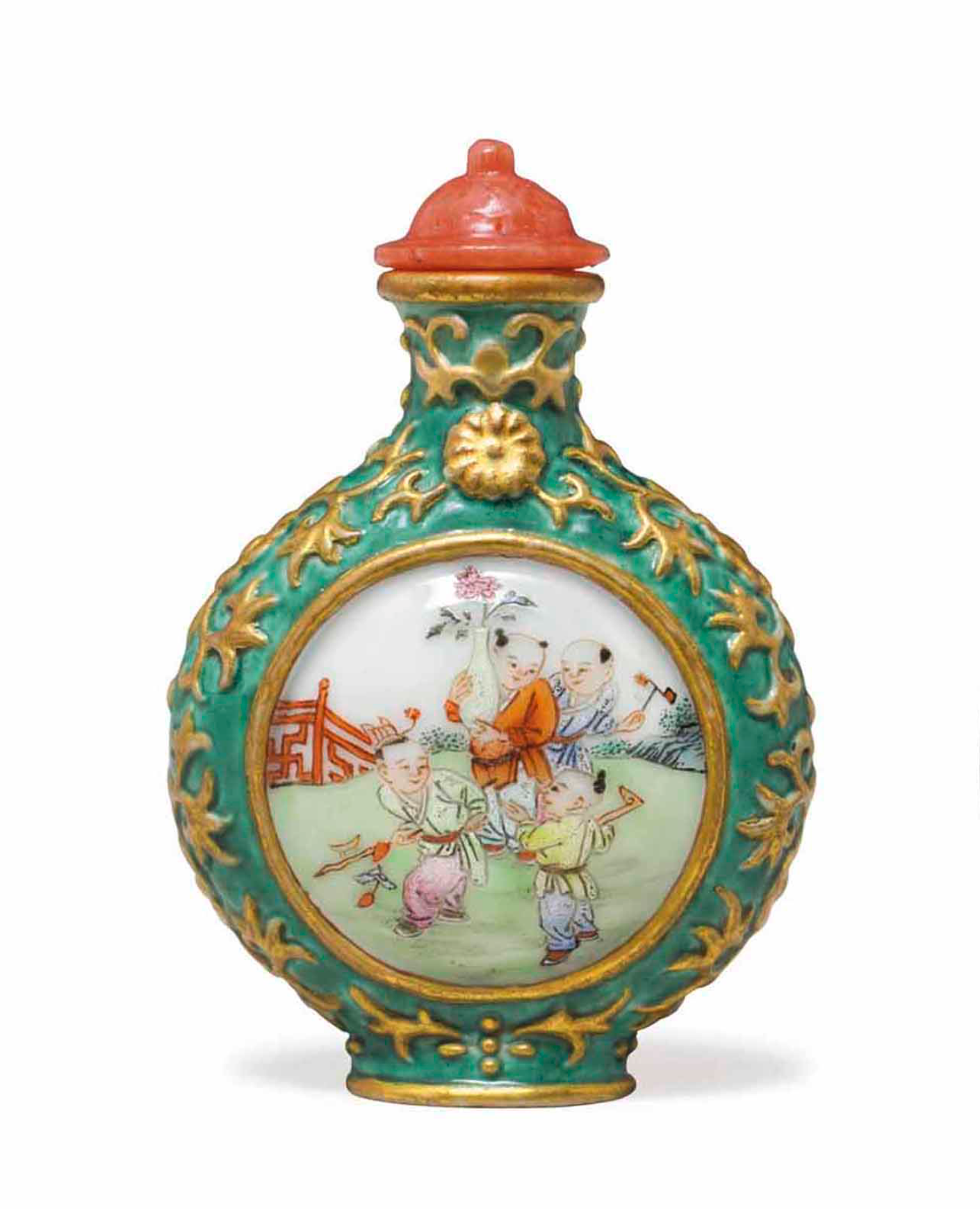 Famille-rose porcelain with boys in garden panels